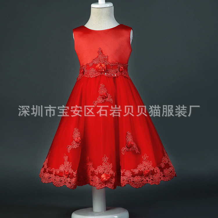 兒童連衣裙花童禮服婚紗紅色新年裝中大童演出服一件代發工廠,批發,進口,代購