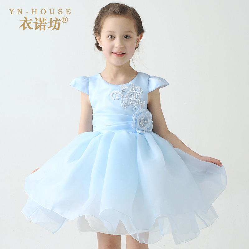 韓版兒童禮服裙 水藍色花童節日公主歐根紗繡花裙 衣諾坊正品工廠,批發,進口,代購