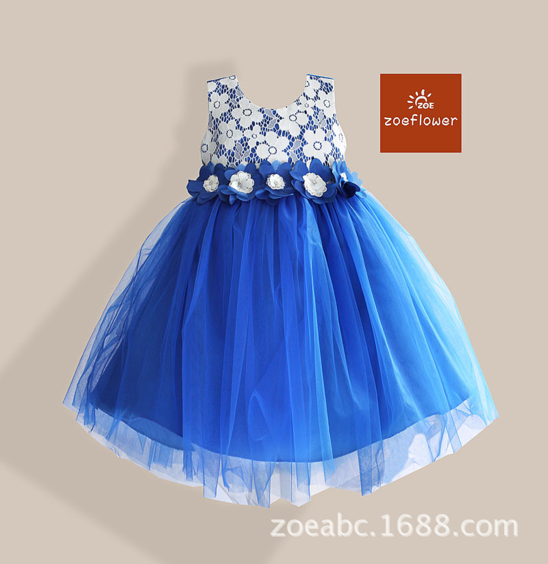 zoeflower新款花腰帶女童表演純棉背心公主裙禮服裙連衣裙藍色工廠,批發,進口,代購