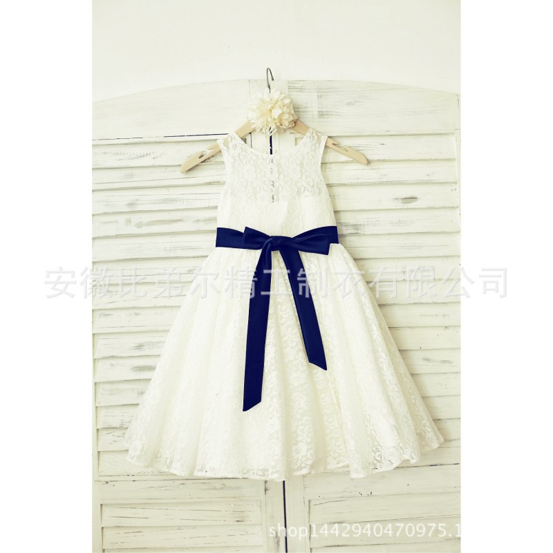 2015新款原創歐美版米色蕾絲藏青色腰帶花童禮服工廠,批發,進口,代購