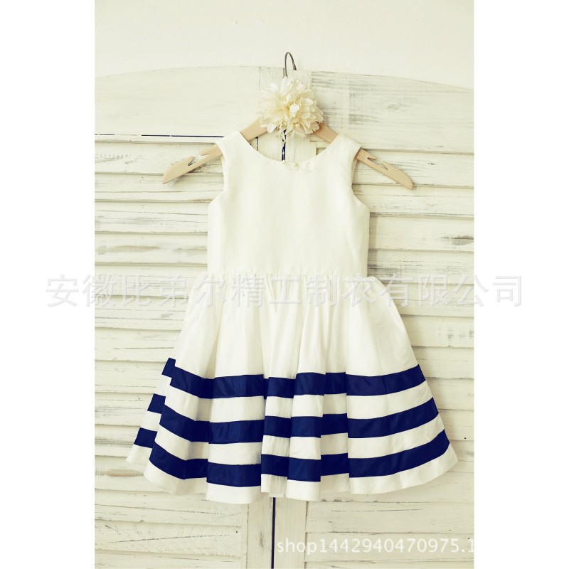 2015新款原創米色塔夫綢寶藍色條紋花童禮服工廠,批發,進口,代購