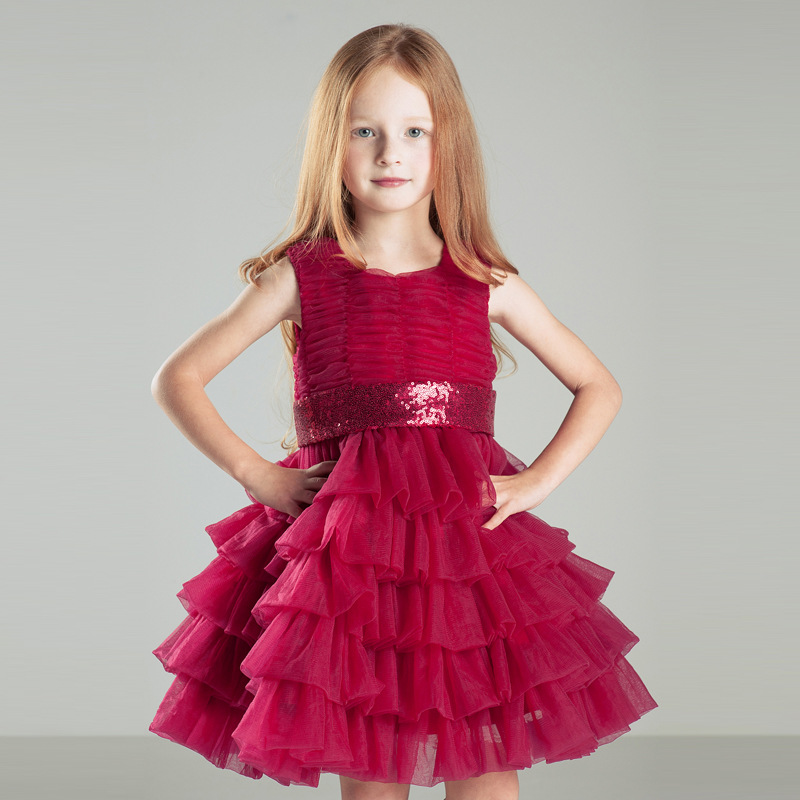 新款女童酒紅色禮服無袖可愛公主蛋糕裙 花童波浪下擺演出服工廠,批發,進口,代購