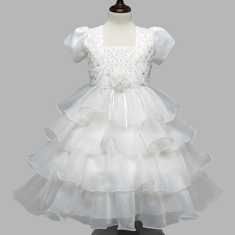 2016韓版新款童裝兒童晚禮服白色蕾絲珍珠花朵公主蓬蓬裙工廠,批發,進口,代購