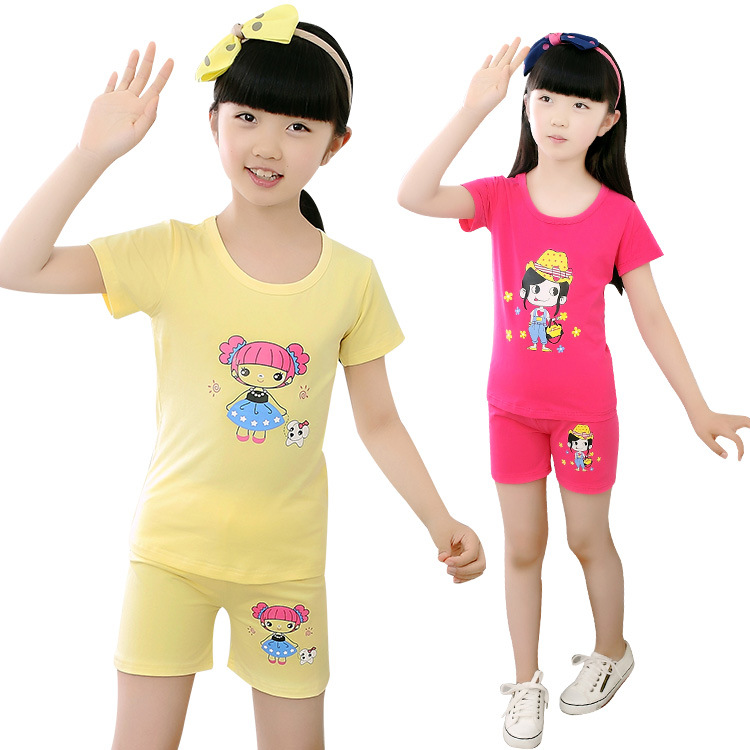 2016韓版夏季童裝 中小大童卡通全棉女童短袖短褲T恤套裝一件代發批發・進口・工廠・代買・代購