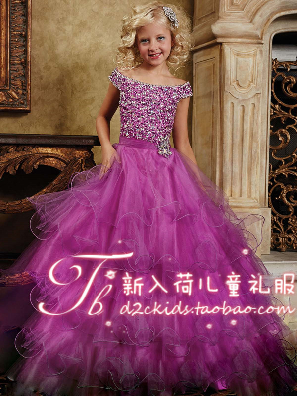 欣入荷紫色長款亮片女童禮服主持走秀鋼琴亮鉆攝影拍照生日宴會裙工廠,批發,進口,代購