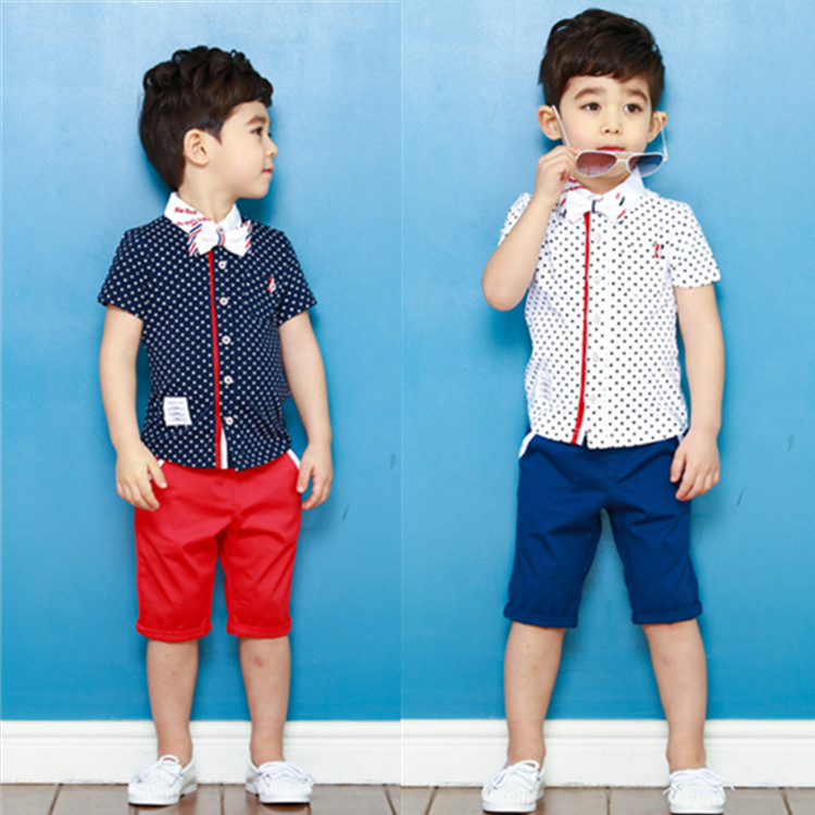 男童套裝一件代發 2016夏款童裝兩件套 男童襯衫波點配領結表演服批發・進口・工廠・代買・代購