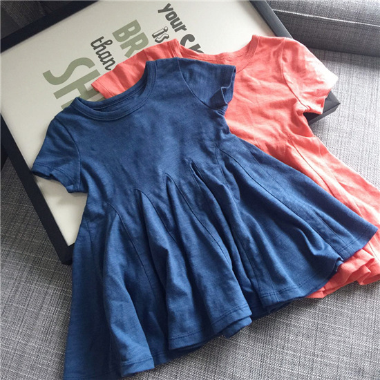 女童裙夏裝新款藍紅兩色淑女風連衣裙女寶寶純色圓領群批發・進口・工廠・代買・代購
