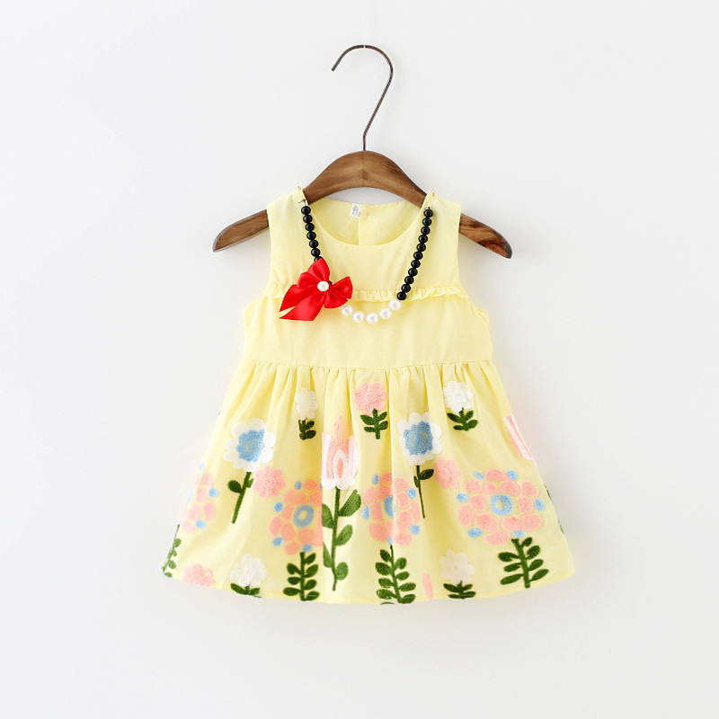 嬰幼兒純棉連衣裙一件代發 0-1-2-3-4女寶寶珍珠蝴蝶結項鏈印花裙工廠,批發,進口,代購