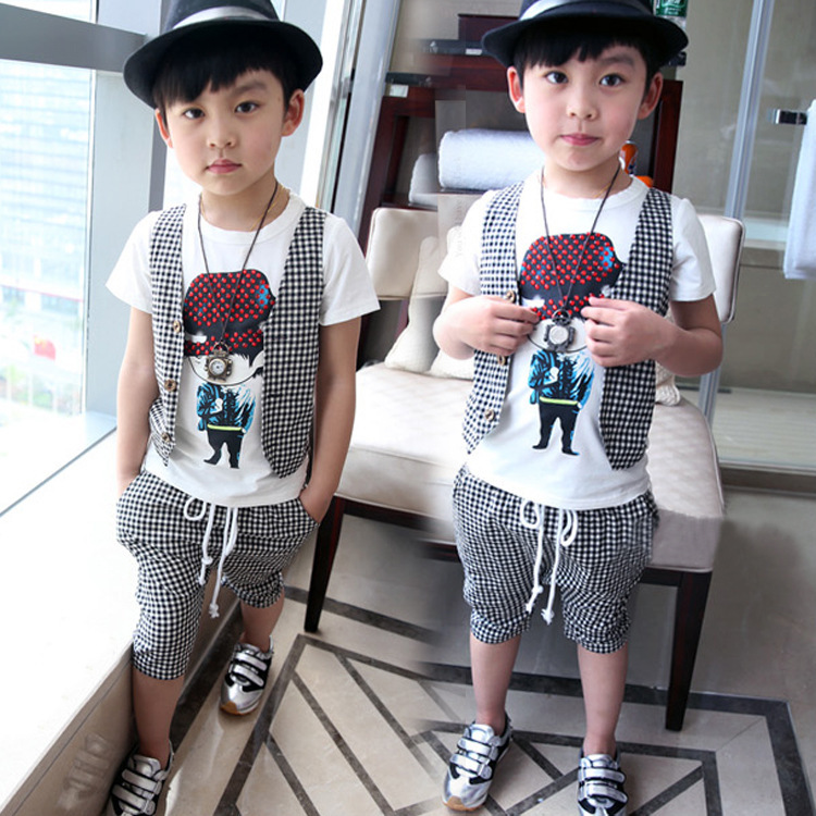 男童夏季童裝套裝新款韓版兒童短袖童純棉假馬甲格子兩件套批發・進口・工廠・代買・代購