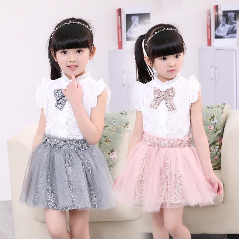 童裙套裝夏季新款韓版中小童紗裙套裝女童襯衫+裙兩件套一件代發批發・進口・工廠・代買・代購