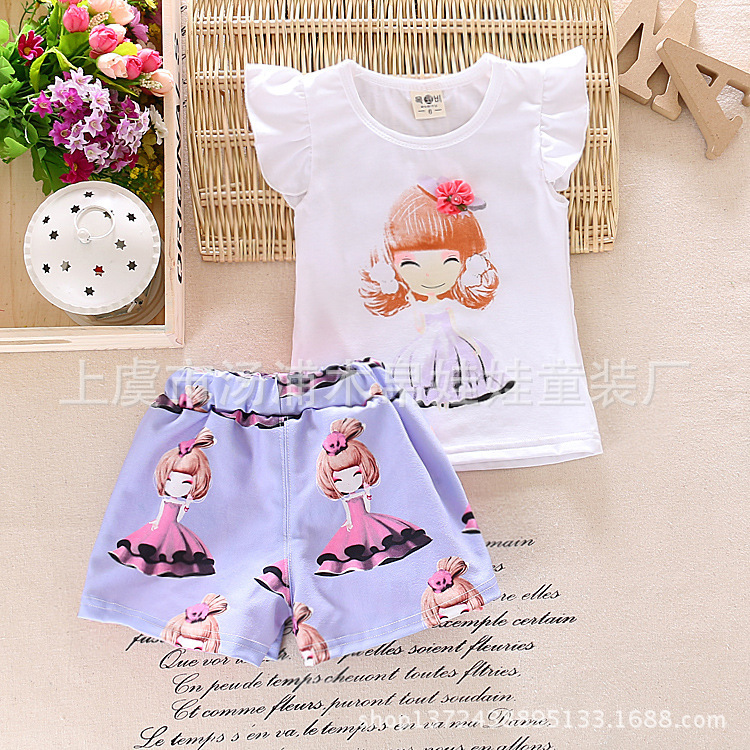 童套裝夏新款韓版純色卡通女童套裝可愛娃娃兒童闊腿褲套裝批發・進口・工廠・代買・代購