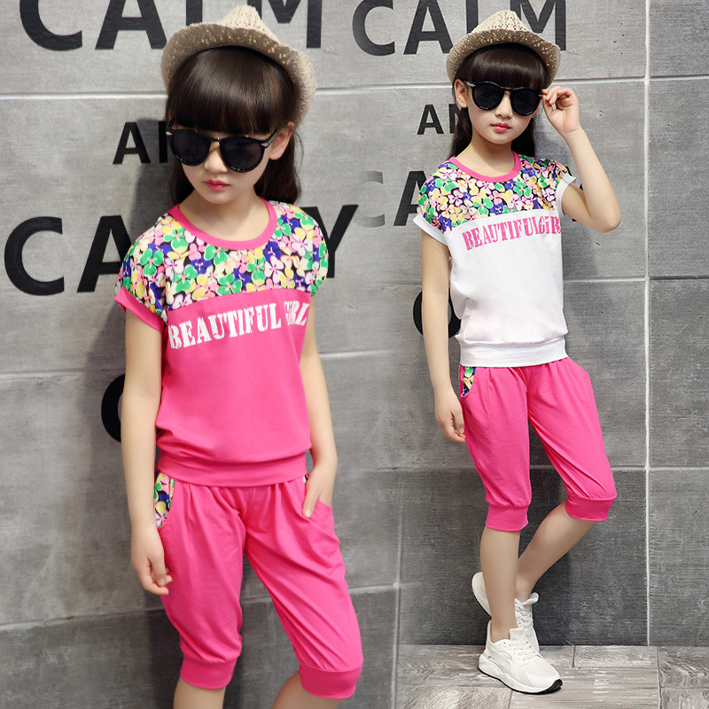 夏款韓版中大童童裝 字母花朵女童套裝兩件套 夏季童裝女童套裝批發・進口・工廠・代買・代購