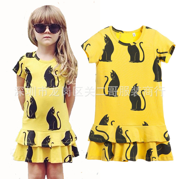 mini rodini 外貿女童連衣裙小貓印花黃色連衣裙女童夏裝一件代發批發・進口・工廠・代買・代購