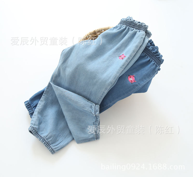 kz6144 外貿童裝批發 刺繡小貓天絲棉深淺兩色童褲 女童七分褲工廠,批發,進口,代購