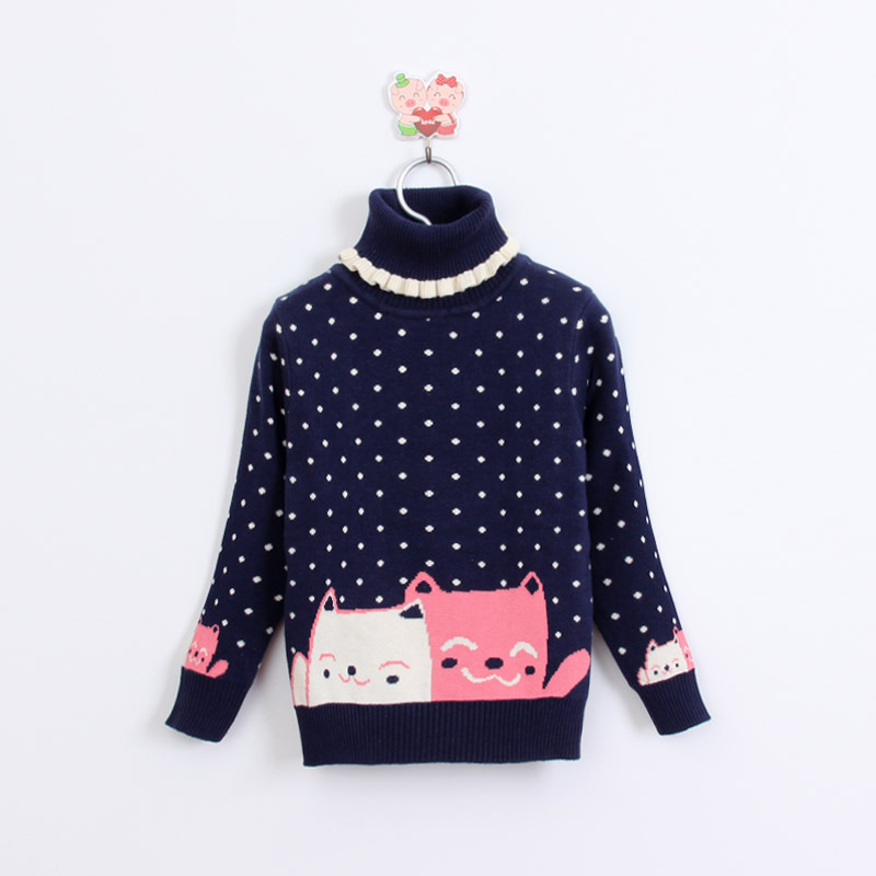 2015歐美網絡爆款 兒童女童純棉波點高領小貓圖案雙層提花打底衫批發・進口・工廠・代買・代購