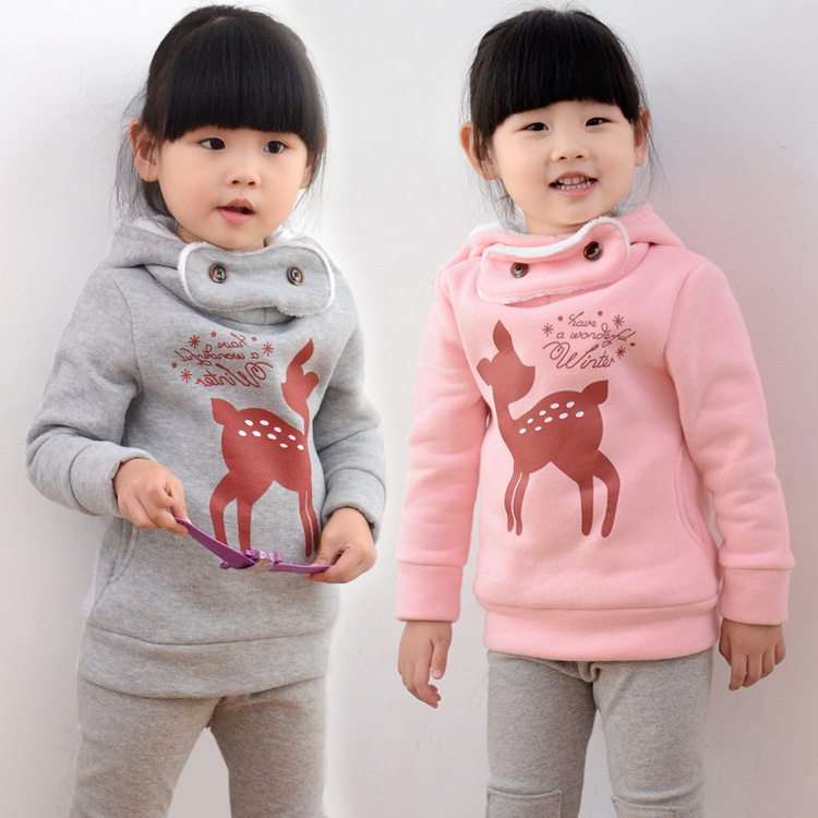 VTREE一件代發童裝 韓版女童可愛小鹿連帽加絨加厚衛衣上衣批發・進口・工廠・代買・代購