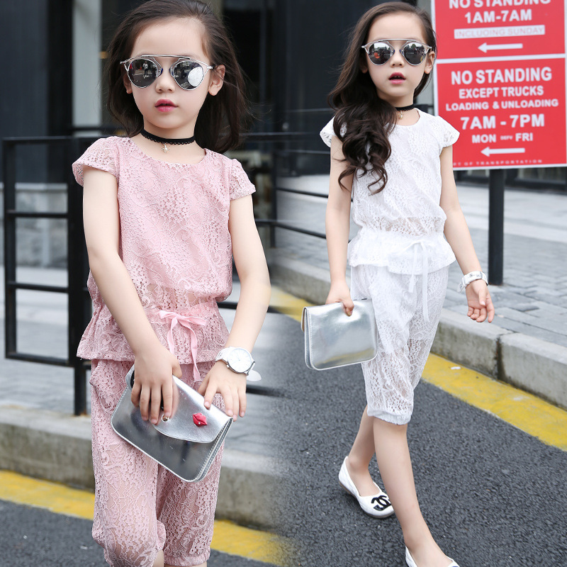 童裝女童夏裝套裝2016新款中大童蕾絲兩件套時尚韓版短袖兒童套裝批發・進口・工廠・代買・代購