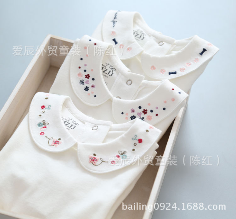 wy6040 外貿童裝批發 三花色娃娃領刺繡 純棉女款打底衫 百搭t恤工廠,批發,進口,代購