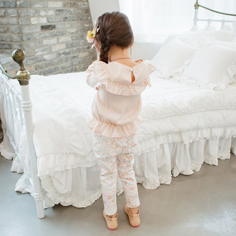 2016春季新款甜美可愛荷葉領長袖女童襯衫 純色淡粉花邊兒童上衣批發・進口・工廠・代買・代購