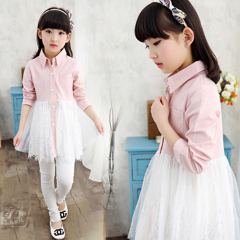 兒童裝中大童女童2016春裝新款韓版蕾絲下擺襯衫純色上衣一件代發批發・進口・工廠・代買・代購