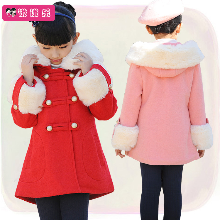 韓版童裝冬季新款中大女童雙排扣毛毛袖連帽羊毛呢子大衣一件代發批發・進口・工廠・代買・代購