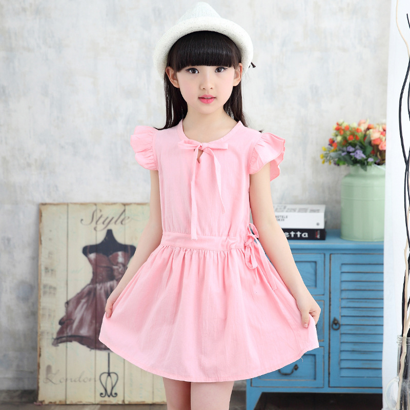 童裝女童夏季連衣裙新款韓版中大童兒童飛袖純色系帶連衣裙批發一批發・進口・工廠・代買・代購