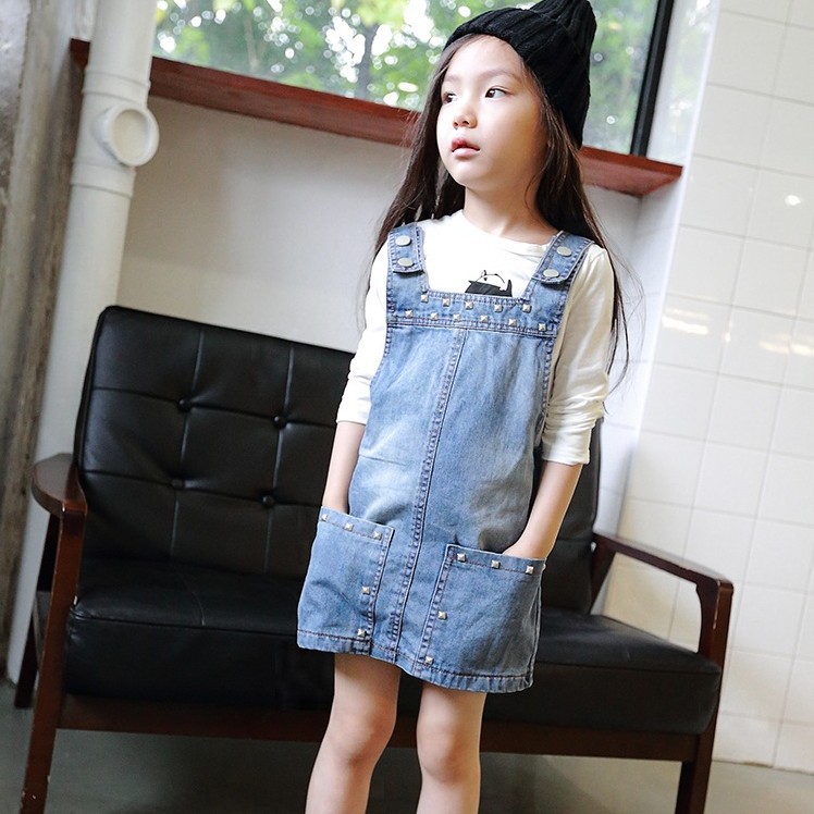 一件代發童裝2016春款韓版女童中小童學院風鉚釘牛仔背帶裙子批發・進口・工廠・代買・代購