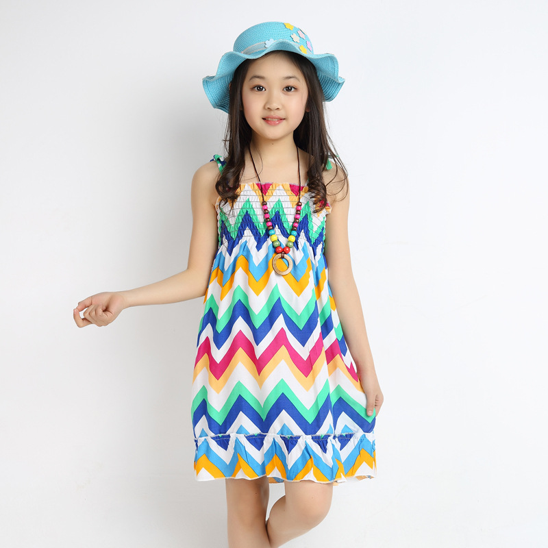 女童夏季新款吊帶大波浪沙灘裙 送項鏈 XMY-8批發・進口・工廠・代買・代購