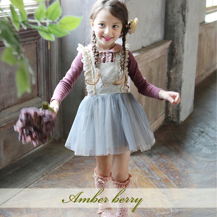 Amber berry 15053 韓版童裝批發2015秋款女童唯美花邊女童背心裙批發・進口・工廠・代買・代購