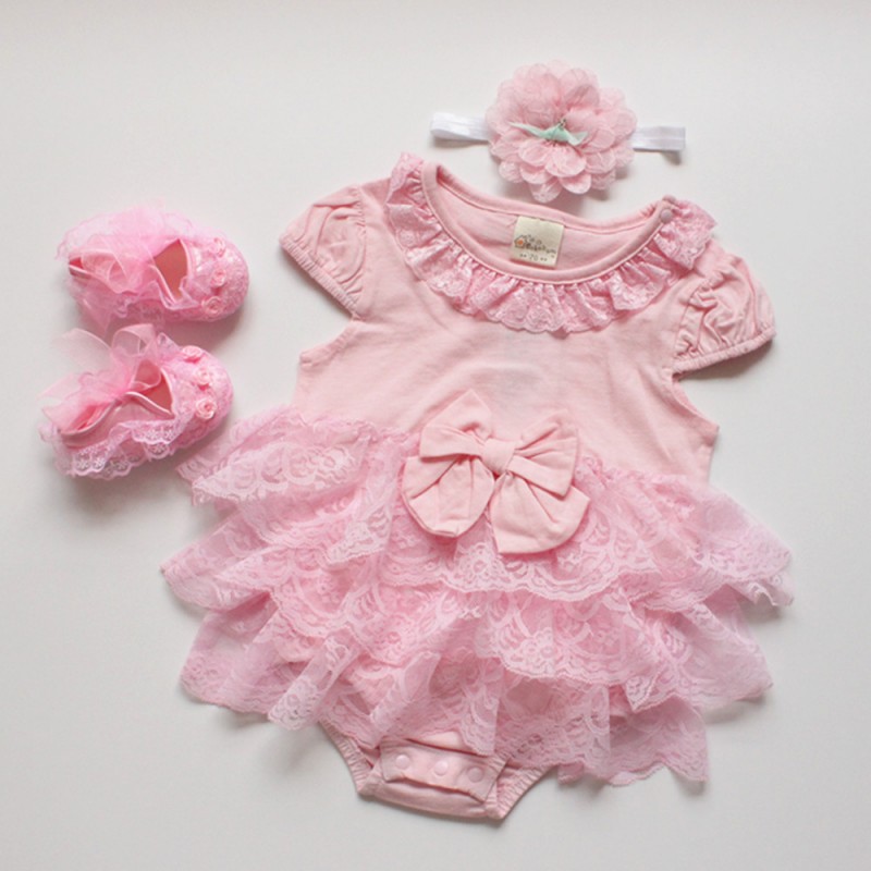 新生兒嬰幼兒滿月送禮爬服三件套蕾絲公主粉色哈裙連身衣套裝批發・進口・工廠・代買・代購