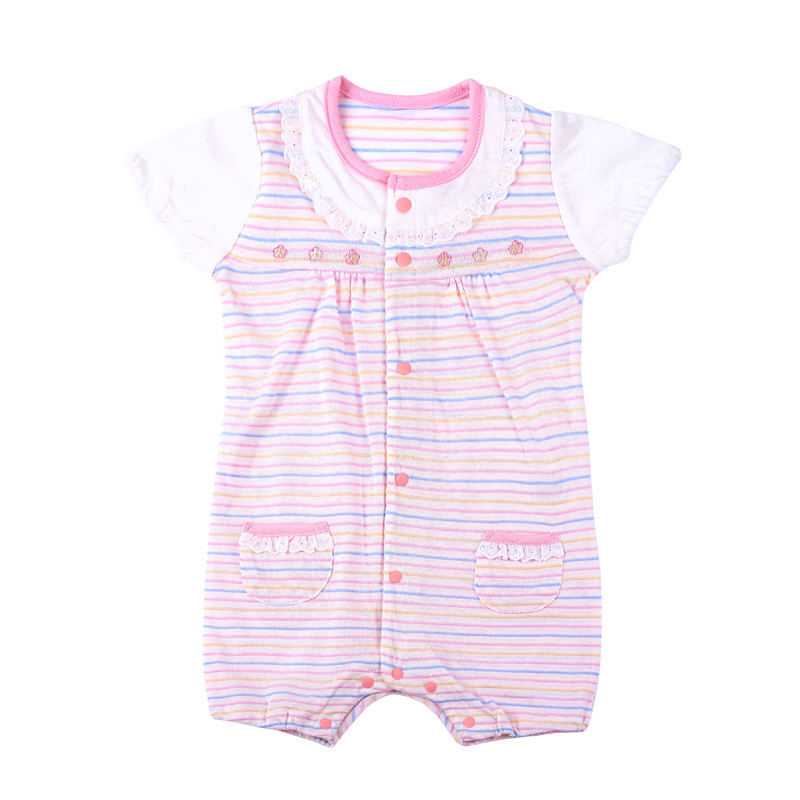 新款純棉薄款夏季嬰幼兒連身衣女童短袖粉色蕾絲爬服寶寶連身哈衣批發・進口・工廠・代買・代購