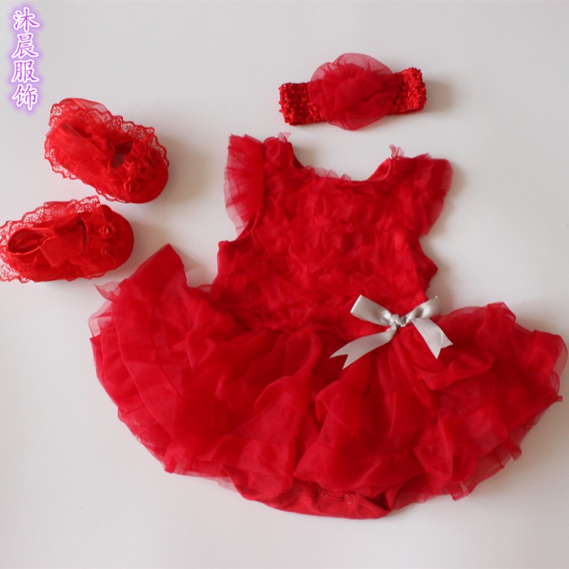 嬰兒滿月百日送禮衣服 0-2歲嬰幼兒女童哈衣爬服大紅色蛋糕哈衣裙批發・進口・工廠・代買・代購