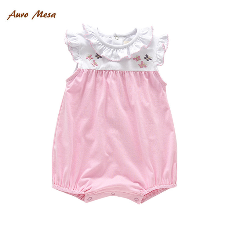 AuroMesa外貿嬰兒衣服連身衣夏女寶寶粉色荷葉領刺繡包屁衣外出服批發・進口・工廠・代買・代購