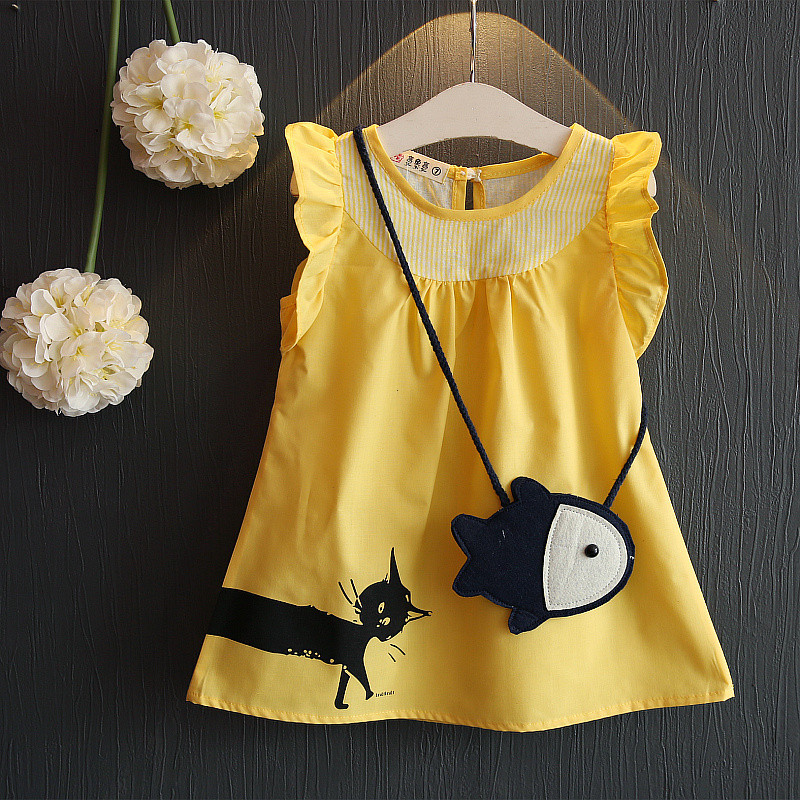 2016夏季新款童裝女童貓咪小魚裙衫兒童黃色可愛上衣送包包8066批發・進口・工廠・代買・代購