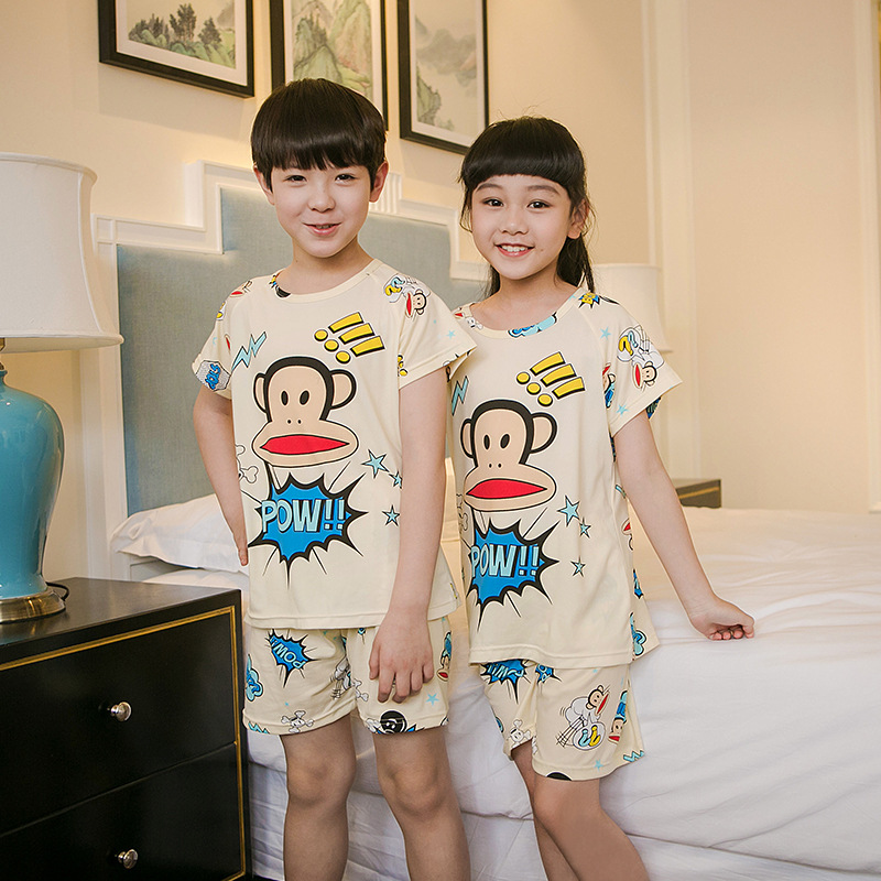 韓版短袖童裝睡衣批發 夏季男女童可愛卡通猴純棉居傢服兒童套裝批發・進口・工廠・代買・代購