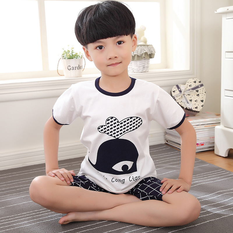 韓版格子兒童睡衣 夏季百分百純棉中大童可愛卡通鯨魚男童套裝工廠,批發,進口,代購