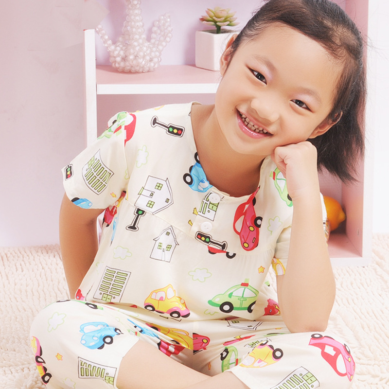 批發女兒童睡衣傢居服夏季棉綢棉綢人造棉短袖套裝7分ED01工廠,批發,進口,代購
