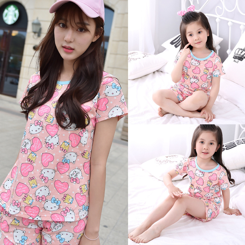 100%純棉夏季韓版女士兒童睡衣親子裝外穿短袖字母寶寶套裝傢居服批發・進口・工廠・代買・代購