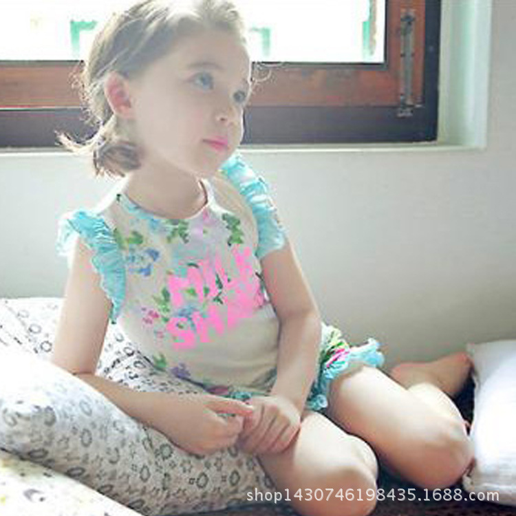 2015夏款韓版女童傢居服兩件套 外貿原單無袖純棉花朵套裝廠傢批發・進口・工廠・代買・代購