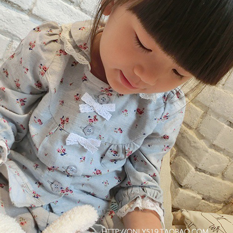 2016韓版秋裝女童小童寶寶中童睡衣居傢套裝棉麻小碎花蕾絲9250工廠,批發,進口,代購