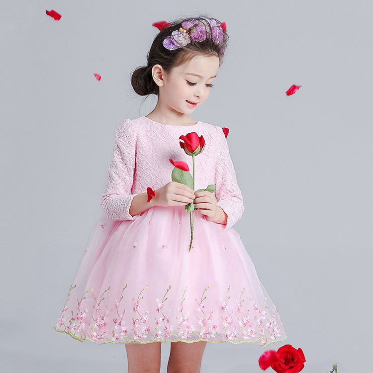 韓國童裝外貿長袖蕾絲蝴蝶結女童連衣裙網紗花邊公主禮服一件代發批發・進口・工廠・代買・代購