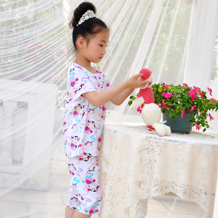 兒童短袖中褲綿綢套裝棉綢睡衣夏季男女寶寶綿綢防蚊傢居服套裝批發・進口・工廠・代買・代購