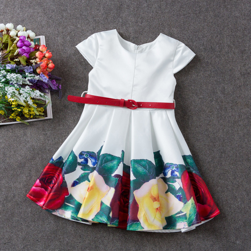 2016新款女童高檔兒童禮服裙短袖印花公主裙送腰帶一件代發批發・進口・工廠・代買・代購