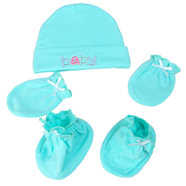 Baby Care批發全棉新生兒套裝 嬰兒帽/手套/襪套 簡裝BB0030粉綠批發・進口・工廠・代買・代購