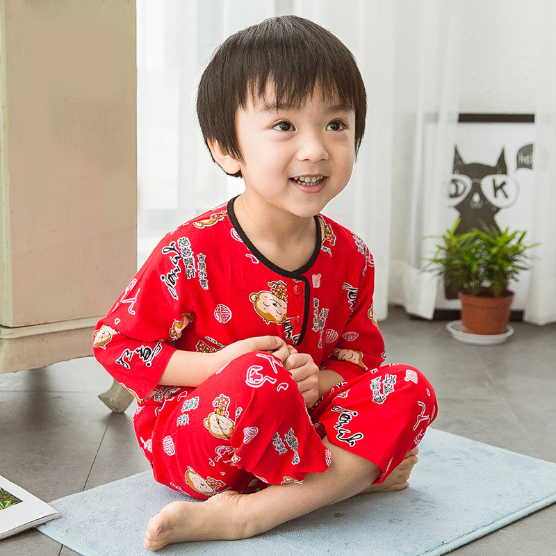 R88童傢居服男兒童綿綢睡衣長袖長褲夏季空調服套裝廠傢直銷批發批發・進口・工廠・代買・代購