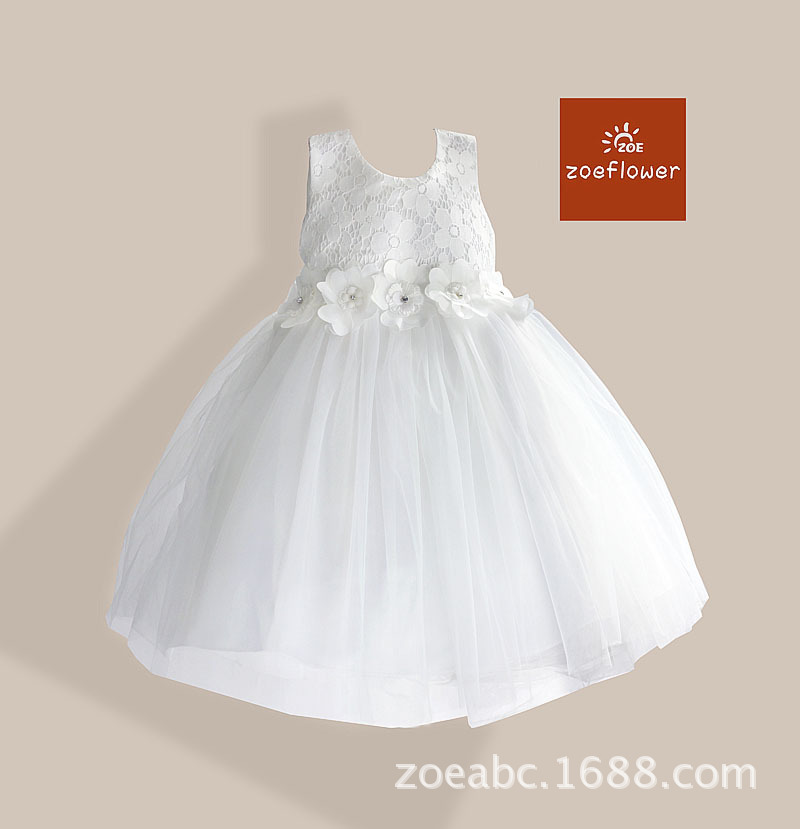 zoeflower新款花腰帶女童表演純棉背心公主裙禮服裙連衣裙白色工廠,批發,進口,代購