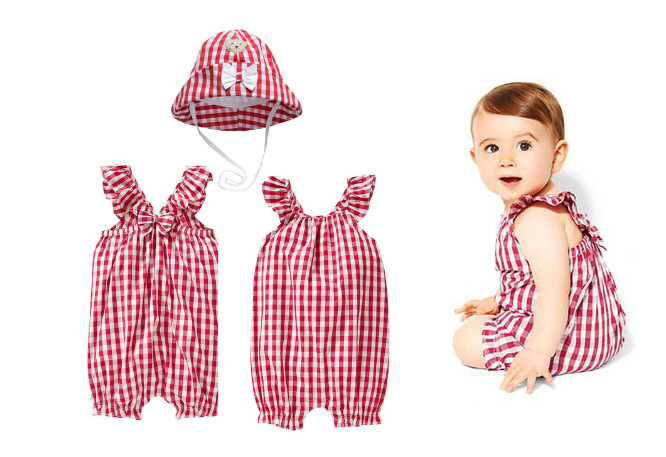 童套裝夏新款女童紅色格子連身衣配帽子二件套純棉哈衣兒童外出服批發・進口・工廠・代買・代購