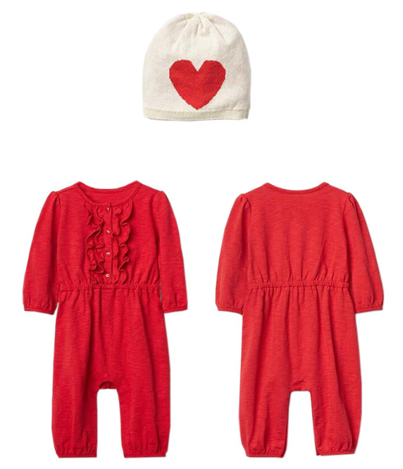 春秋童套裝嬰兒純棉紅色連身衣配愛心針織線帽二件套寶寶外出服批發・進口・工廠・代買・代購