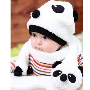 冬季毛絨嬰兒帽子 造型熊貓兒童套帽圍巾套裝兩件套 寶寶卡通批發工廠,批發,進口,代購