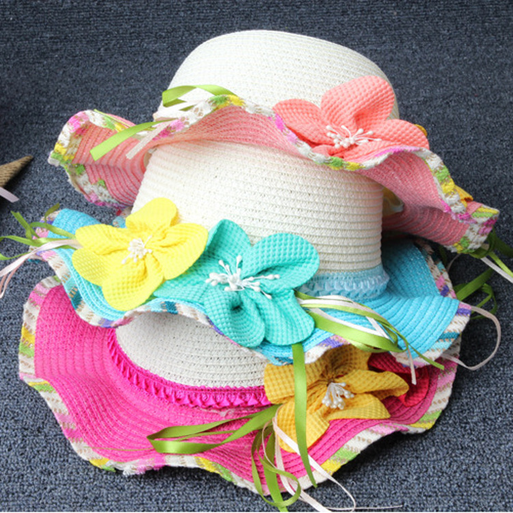 2016夏季新款草帽兒童草帽批發女孩波浪邊花朵草帽寶寶旅遊遮陽帽工廠,批發,進口,代購